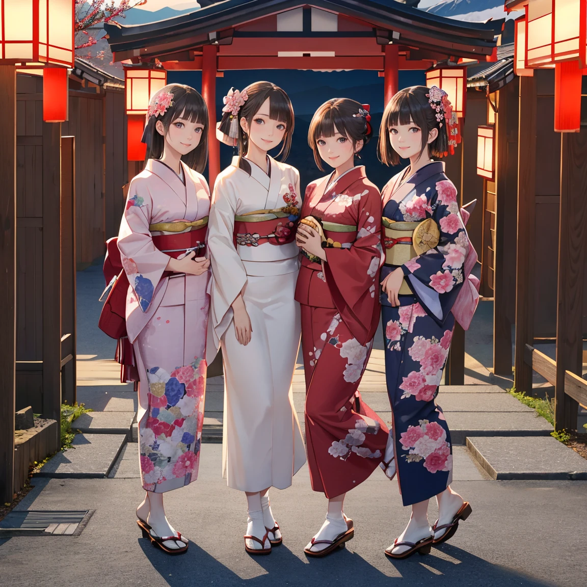 masterpiece,best quality,ultra-detailed,photo-realistic,soft lighting,full body,(ultra-detailed gorgeous_kimono:1.2),Japanese-styles hair,Three girls frontal body,holding big Eggplant in hand,happy smile,text as "A HAPPY NEW YEAR" on background,front view,SFW
BREAK
(in front mt.Fuji,beautiful sunrise,flying hawk)