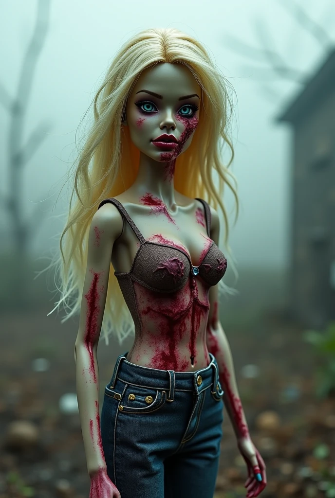 (finely detailed beautiful eyes and detailed zombie face,masterpiece sidelighting,masterpiece,best quality,detailed,high resolution illustration),, (depraved topless zombie girl,whole body,sundress,lustrous skin,looking down,looking at viewer),, (yellow hair,blue eyes,ribbon, sheer clothes), (clothed_underbust:1.2),underboob
