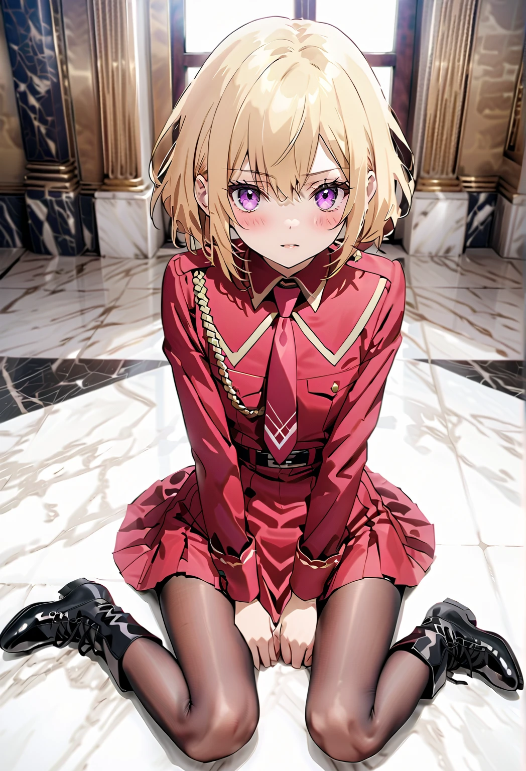  high image quality 、masterpiece、  High Quality   、Full HD、4K 、Take a full-body photo、 Golden Hair 、 、 short bob  、 purple eyes、Cat Eyes、blush、 Danger Emoticons、Estrus、 slim、 flat chest、blush、Sit on the marble floor、 open legs 、royal palace、kuro no pantyhose 、 white panties、brown military long boots that go up to the knee、Red Uniform、 red tie、 red skirt 