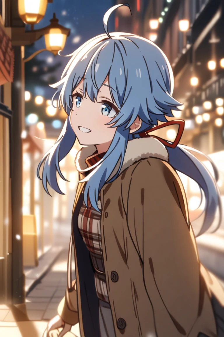 A girl short hair with long locks, blue hair, ponytail, blue eyes, red ribbon, sidelocks, ahoge, winter outfit, smile 