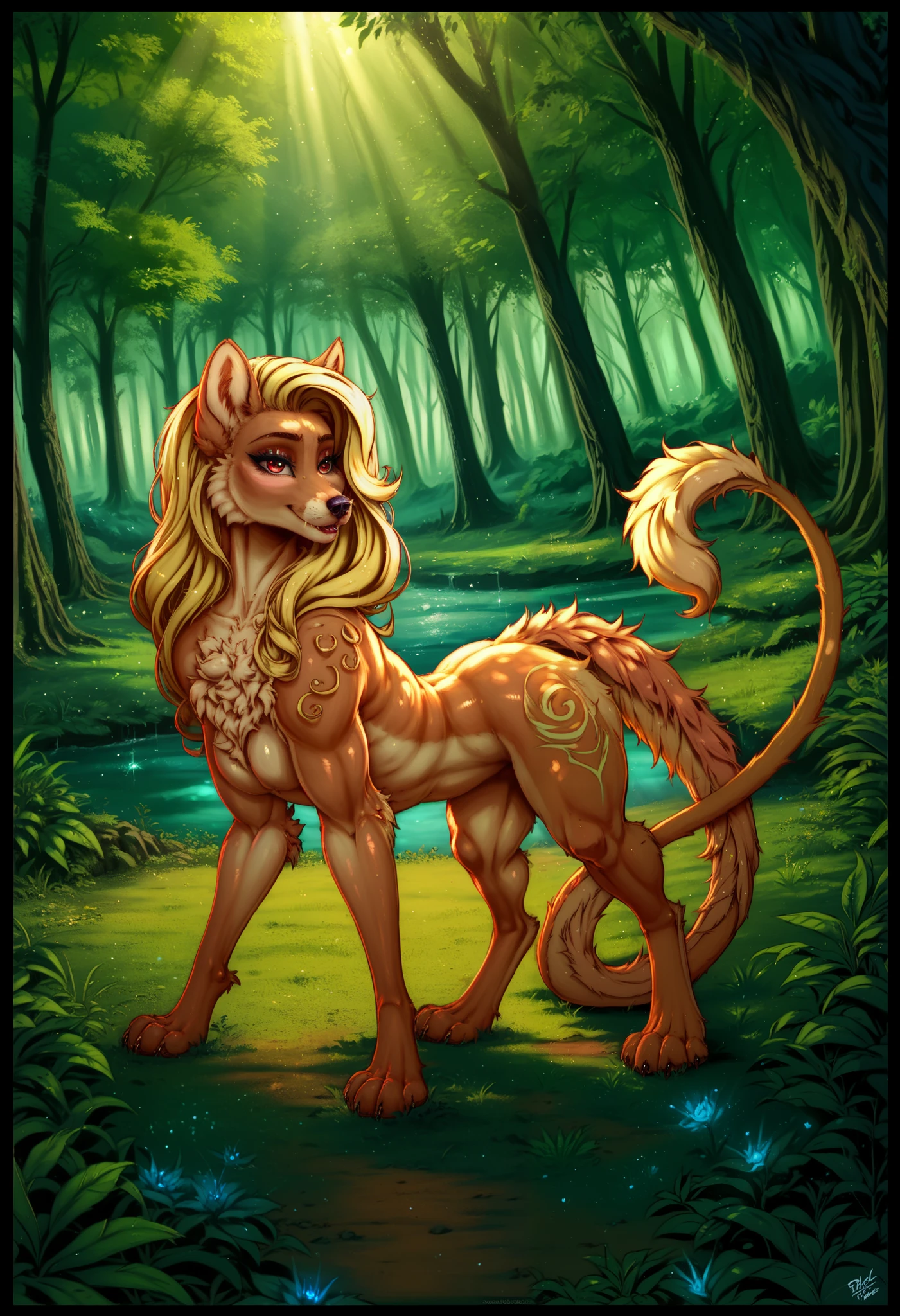 ultra-detailed, masterpiece, masterwork, high quality, best quality, hdr, (nature, forest), posted on e621, (by hioshiru), nsfw, female, solo, (white little body minotaur), hairy dragon, (little tits), (long golden hair, yellow eyes), standing, from below, dynamic angle