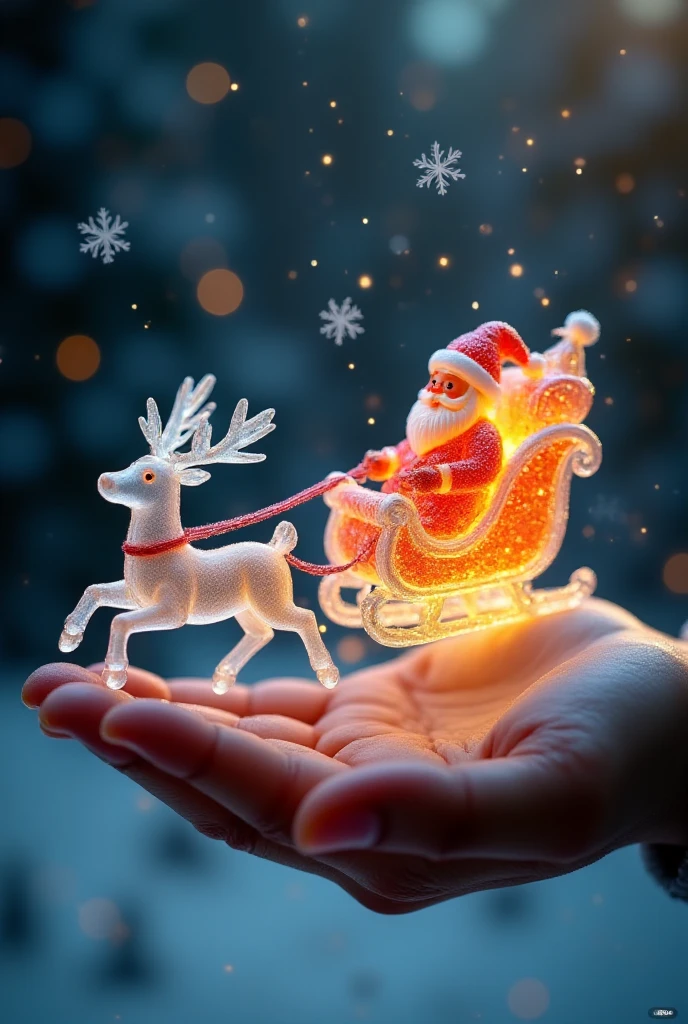 A sleigh pulled by Santa's reindeer, made of transparent candy, flies in the sky on the palm of a giant figure,,The gift is glowing ,,Microscopic Photography ,Christmas atmosphere,Transparent texture,Clear syrup ，snowflake, ( Christmas atmosphere :1.5)， Ultra HD, masterpiece ,  height details,  high quality ,  best quality, HD Symbol 