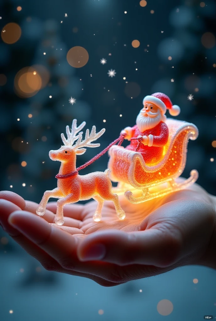 A sleigh pulled by Santa's reindeer, made of transparent candy, flies in the sky on the palm of a giant figure,,The gift is glowing ,,Microscopic Photography ,Christmas atmosphere,Transparent texture,Clear syrup ，snowflake, ( Christmas atmosphere :1.5)， Ultra HD, masterpiece ,  height details,  high quality ,  best quality, HD Symbol 