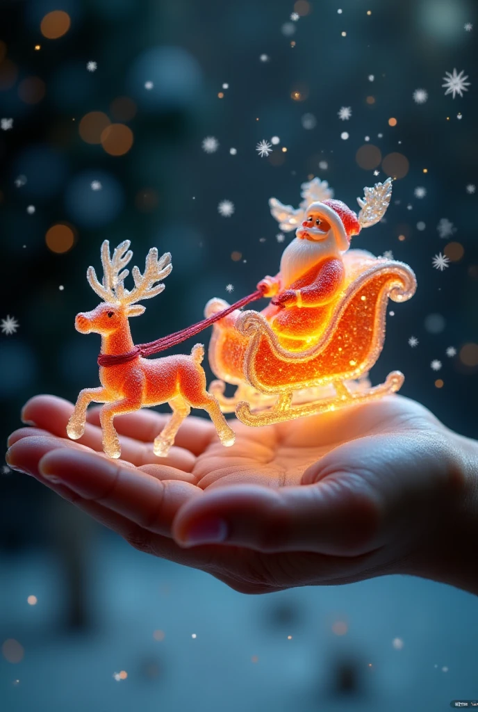 A sleigh pulled by Santa's reindeer, made of transparent candy, flies in the sky on the palm of a giant figure,,The gift is glowing ,,Microscopic Photography ,Christmas atmosphere,Transparent texture,Clear syrup ，snowflake, ( Christmas atmosphere :1.5)， Ultra HD, masterpiece ,  height details,  high quality ,  best quality, HD Symbol 