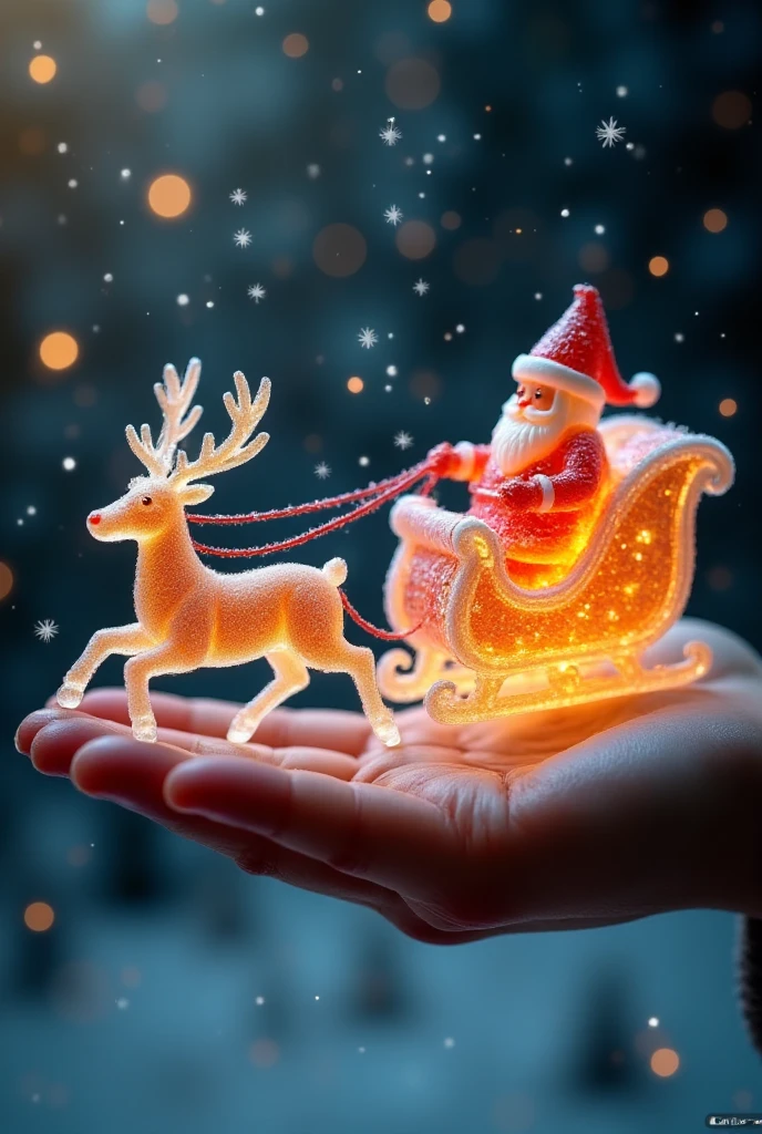 A sleigh pulled by Santa's reindeer, made of transparent candy, flies in the sky on the palm of a giant figure,,The gift is glowing ,,Microscopic Photography ,Christmas atmosphere,Transparent texture,Clear syrup ，snowflake, ( Christmas atmosphere :1.5)， Ultra HD, masterpiece ,  height details,  high quality ,  best quality, HD Symbol 