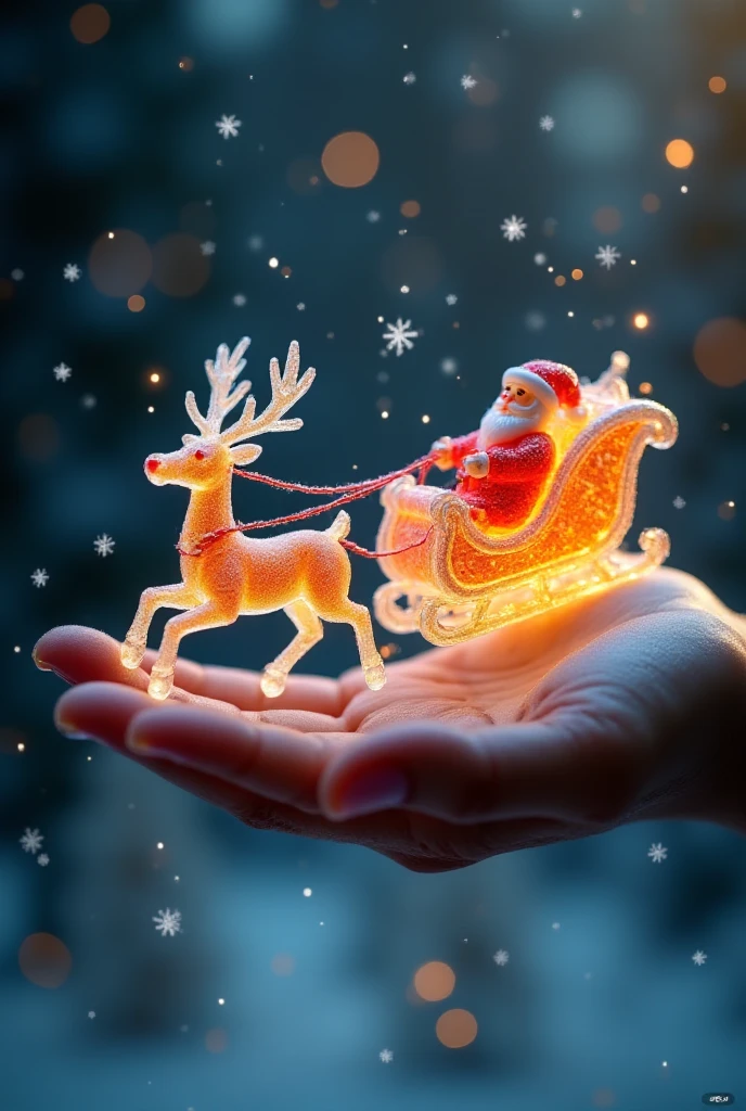 A sleigh pulled by Santa's reindeer, made of transparent candy, flies in the sky on the palm of a giant figure,,The gift is glowing ,,Microscopic Photography ,Christmas atmosphere,Transparent texture,Clear syrup ，snowflake, ( Christmas atmosphere :1.5)， Ultra HD, masterpiece ,  height details,  high quality ,  best quality, HD Symbol 