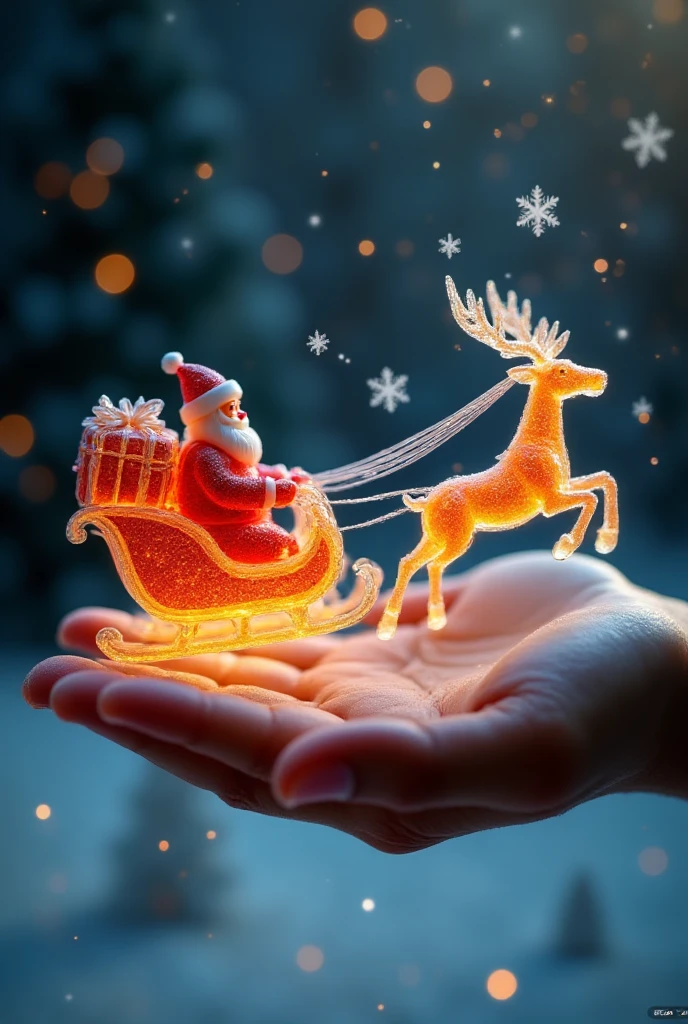 A sleigh pulled by Santa's reindeer, made of transparent candy, flies in the sky on the palm of a giant figure,,The gift is glowing ,,Microscopic Photography ,Christmas atmosphere,Transparent texture,Clear syrup ，snowflake, ( Christmas atmosphere :1.5)， Ultra HD, masterpiece ,  height details,  high quality ,  best quality, HD Symbol 