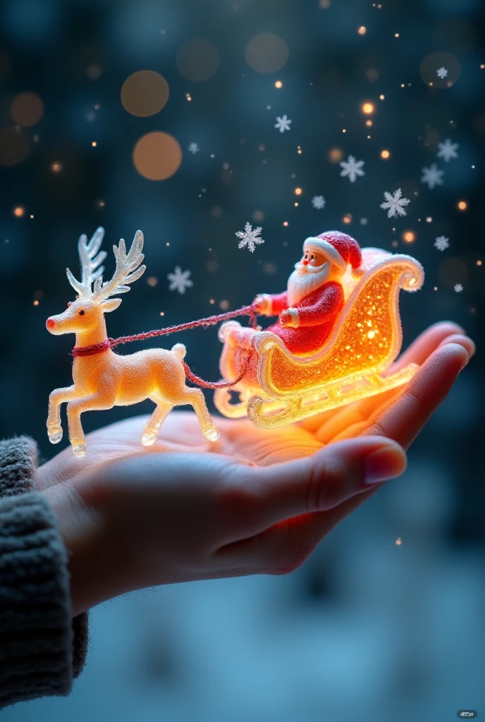 A sleigh pulled by Santa's reindeer, made of transparent candy, flies in the sky on the palm of a giant figure,,The gift is glowing ,,Microscopic Photography ,Christmas atmosphere,Transparent texture,Clear syrup ，snowflake, ( Christmas atmosphere :1.5)， Ultra HD, masterpiece ,  height details,  high quality ,  best quality, HD Symbol 