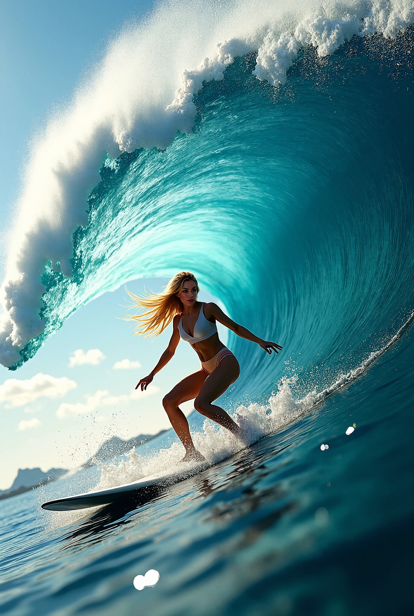 la plus haute qualité,masterpiece ,Ultra haute résolution,(réel:1.4),Photo originale,Ultra haute résolution,8k,Il y a une sublime femme surfeuse rousse, peau claire, Maquillage exquis,Grandes vagues,body en fines dentelles de latex sexy et sublimes :1.5, sublimes Longues jambes, Lumineux et beau, surf dans le rouleau d'une immense vague aux détails fractals, à l'intérieur de la vague, pose de surfeuse sur sa planche de surf