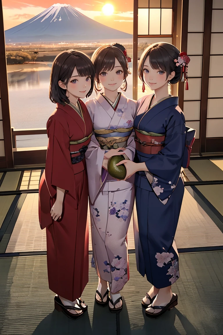 masterpiece,best quality,ultra-detailed,photo-realistic,soft lighting,full body,(ultra-detailed gorgeous_kimono:1.2),Japanese-styles hair,Three girls frontal body,holding big Eggplant in hand,happy smile,text as "2025" on background,front view,SFW
BREAK
(in front mt.Fuji,beautiful sunrise,flying hawk:1.2)