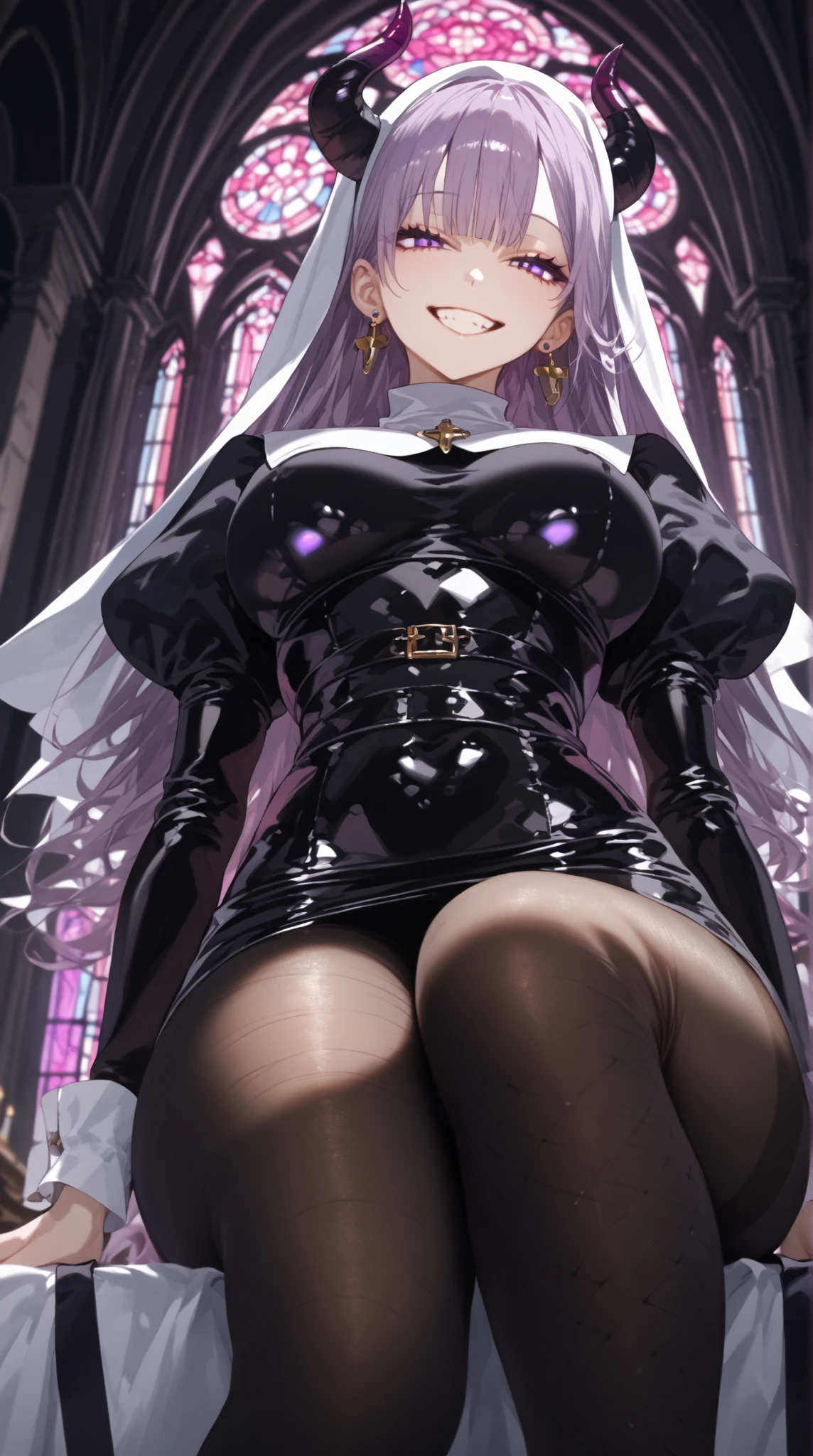 1 Mature Woman,(masterpiece,  Top Quality  ,  detailed depiction , amazingly ridiculous high definition ,),(Devil horns,Devil&#39;wing:1.3), devil and nun fusion , evil ,  long silvery hair ,  side lock, dull pan ,  Princess Cut, Nun Clothing and Bodysuit Fusion ,Charming  perfect female figure  ,  Seductive Smile ,very elaborate black latex nun bodysuit, cross ,  clevis on a stone,knitted corset  , Super shiny fabric  , very wrinkled fabric , puffy sleeve , elbow gloves ,gem,  High quality satin  ,Reflective Fabric ,super beautiful detailed background , Sexy Cut Out ,from below, Church Background, earrings for women with first name,  earrings for women with first name,  holy robe with a cross on it ,(  pantyhose:1.2), ********************** wearing 30 denier tights , short mini skirt , very glittering wrinkled clothes ,  perfect female figure  , Ideal body proportions ,  Attractive Proportions  , Tight Woman  , Curvy , a girl with a very beautiful and detailed face , focus on face ,( evil smile,  sadistic ,  erotic ,Captivating eyes:1.3,  purple eyes),( Provocative, Magical Circles ,Charmed〜Three Witch Sisters,  excited,  naughty face :1.2),,  Crazy Smile ,   bodystocking  ,  fishnet tights ,  high heels,  thigh high boots (thigh-high boots) ,  cowboy shot ,  slouching position with collar,  Aerial View, Emphasis on the chest:1.3