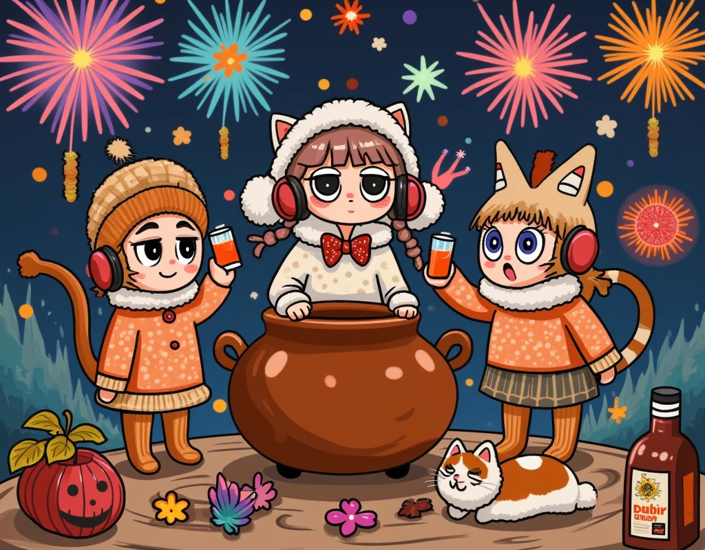 (masterpiece:1.3, top quality :1.3, detailed depiction :1.3, Amazing high definition :1.3, High Quality Anime Paintings ), Cats walking on two legs ,  are wearing fluffy sweaters,  wearing earmuffs ,  Drinking alcohol and toasting ,  Surrounding a large pot ,  Cat getting drunk ,  Cat lying down ,  Fun Vibes ,  Fireworks are rising in the night sky