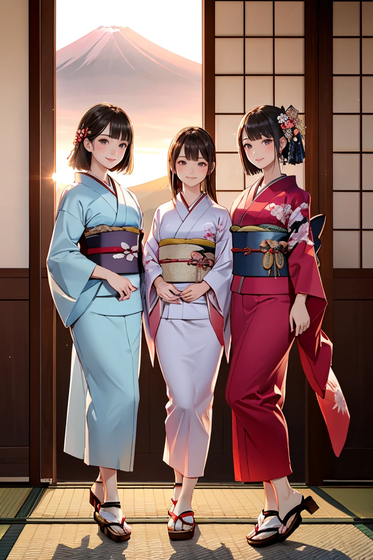 masterpiece,best quality,ultra-detailed,photo-realistic,soft lighting,full body,(ultra-detailed gorgeous_kimono:1.2),Japanese-styles hair,Three girls frontal body,holding big Eggplant in hand,happy smile,text as "2025" on background,front view,SFW
BREAK
(in front mt.Fuji,beautiful sunrise,flying hawk:1.2)