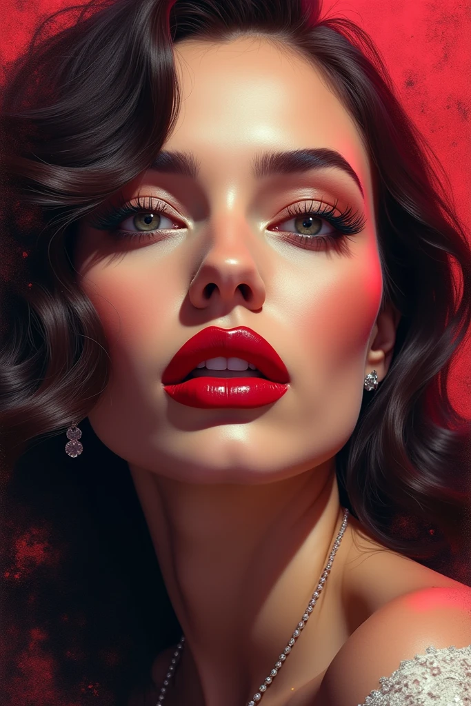  The image is a digital illustration of a woman with red lips and red splattered background.