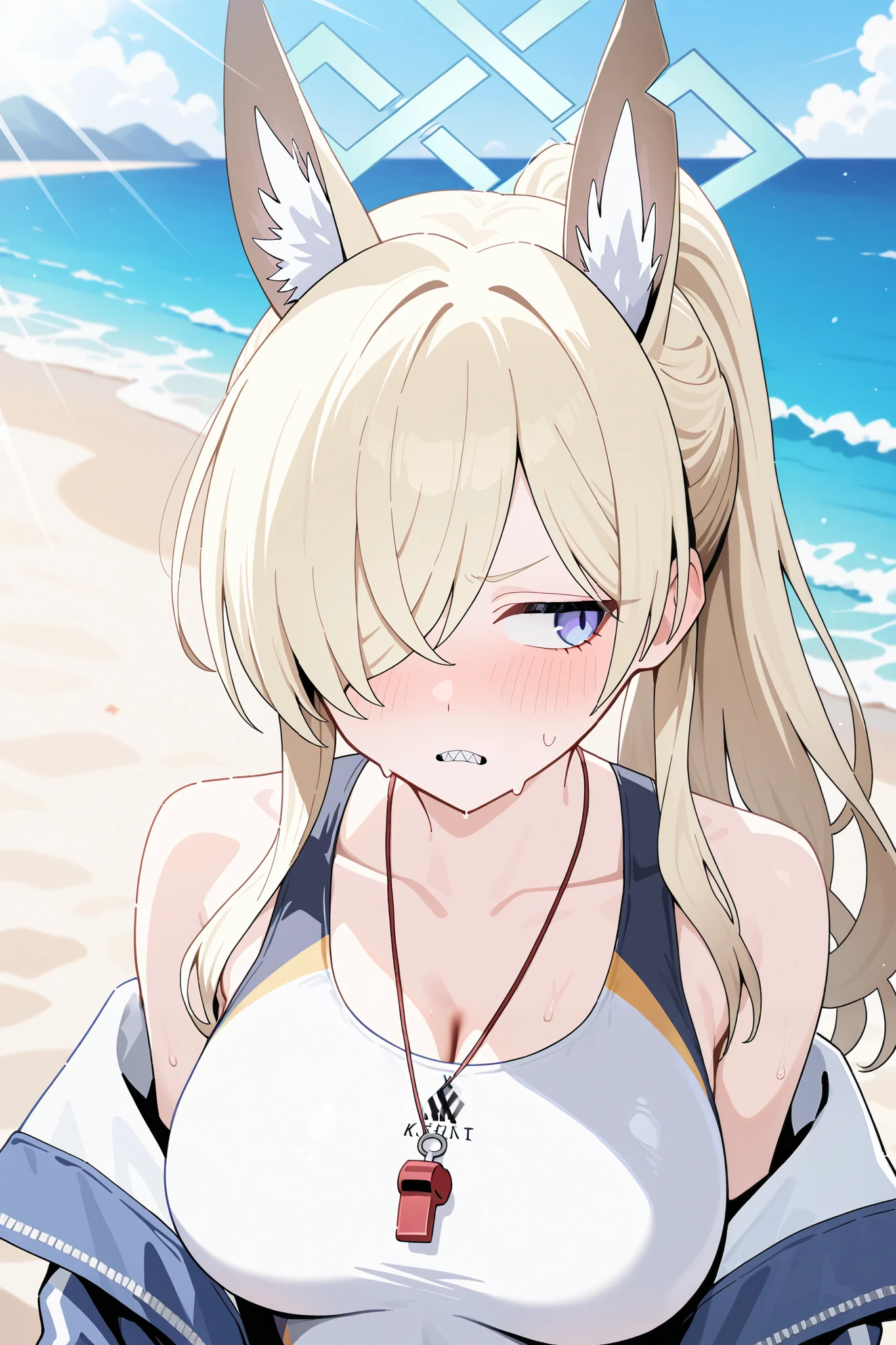1girl, kanna\(swimsuit\)\(blue archive\), blue archive. An illustration of a girl with blonde hair and dog ears and halo. She is wearing a swimsuit. solo, averting eyes, upper body, halo, blonde hair, blue eyes, dog ears, breasts, swimsuit, embarrassed, outdoors, beach, sunlight, masterpiece, best quality, very aesthetic, absurdres