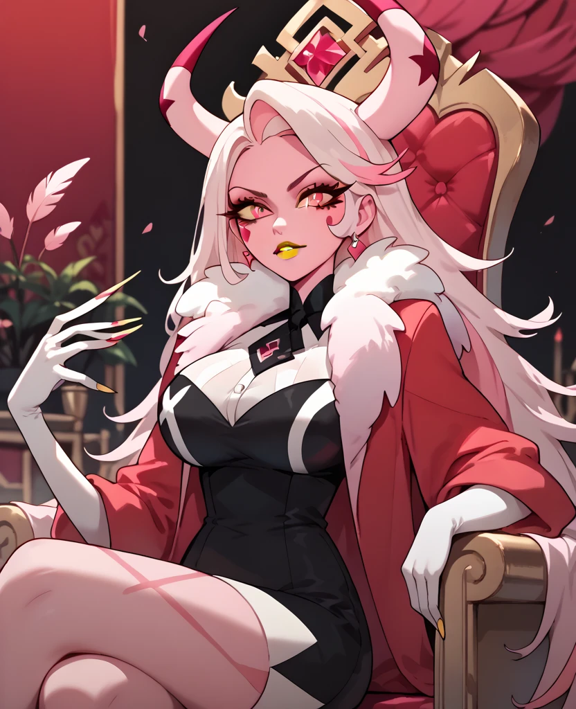 woman, big breasts, yellow lipstick, white hair, light pink hair, multicolored hair, long hair, horns, red eyes, pink skin, fusion, anime style, red suit, sitting on a throne, pink feather scarf, hell, solo, Charlie 