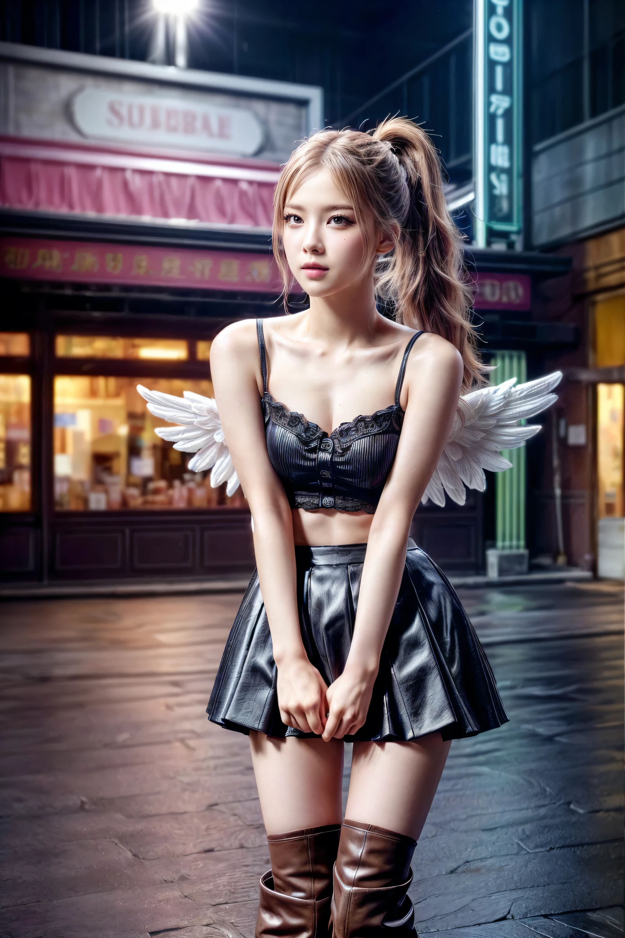 Realistic,(photorealistic Realism),((high resolution)),((intricately detailed digital art)),(best quality),(realistic texture details: perfect skin, smooth skin),(professional photography)、(a beautiful girl [Rosé from blackpink]:1.3), very cute angel、(close- up eyes:1.2),((sharp focus, no blurry, high resolution, absurd quality, Realistic brown_eyes:1.3), pink gothic dress 、 cute、、smile、 (long skirt)、 Black Long Boots 、 cute female ，street， Candy Store ， sign，European Buildings，Slate pavement，Rose flower， 