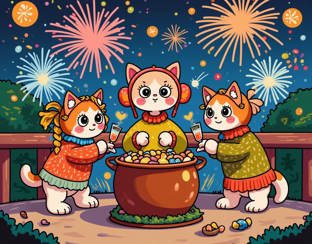 (masterpiece:1.3, top quality :1.3, detailed depiction :1.3, Amazing high definition :1.3, High Quality Anime Paintings ), Cats walking on two legs ,  are wearing fluffy sweaters,  wearing earmuffs ,  Drinking alcohol and toasting ,  Surrounding a large pot ,  Cat getting drunk ,  Cat lying down ,  Fun Vibes ,  Fireworks are rising in the night sky