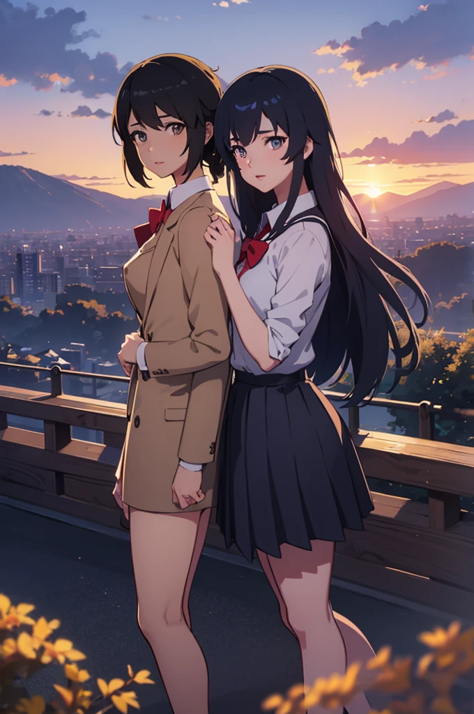 high quality, detailed, photorealistic, 1girl, girl, beautiful detailed eyes, beautiful detailed lips, extremely detailed face and body, long eyelashes, thick thighs, school uniform, red ribbon in hair, nipples, detailed fabric textures, intricate details, cinematic lighting, vivid colors, elegant poseyour name anime couple standing in the sunset, your name movie style, your name, ross tran and makoto shinkai, anime wallpaper 4k, anime style 4 k, anime wallpaper 4 k, guweiz and makoto shinkai, makoto shinkai cyril rolando, kimi no na wa, 4k anime wallpaper, anime style. 8k