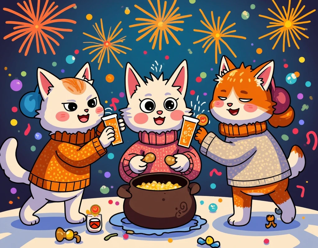 (masterpiece:1.3, top quality :1.3, detailed depiction :1.3, Amazing high definition :1.3, High Quality Anime Paintings ), Cats walking on two legs ,  are wearing fluffy sweaters,  wearing earmuffs ,  Drinking alcohol and toasting ,  Surrounding a large pot ,  Cat getting drunk ,  Cat lying down , Dancing Cat,  Fun Vibes , Great fun,  Fireworks are rising in the night sky