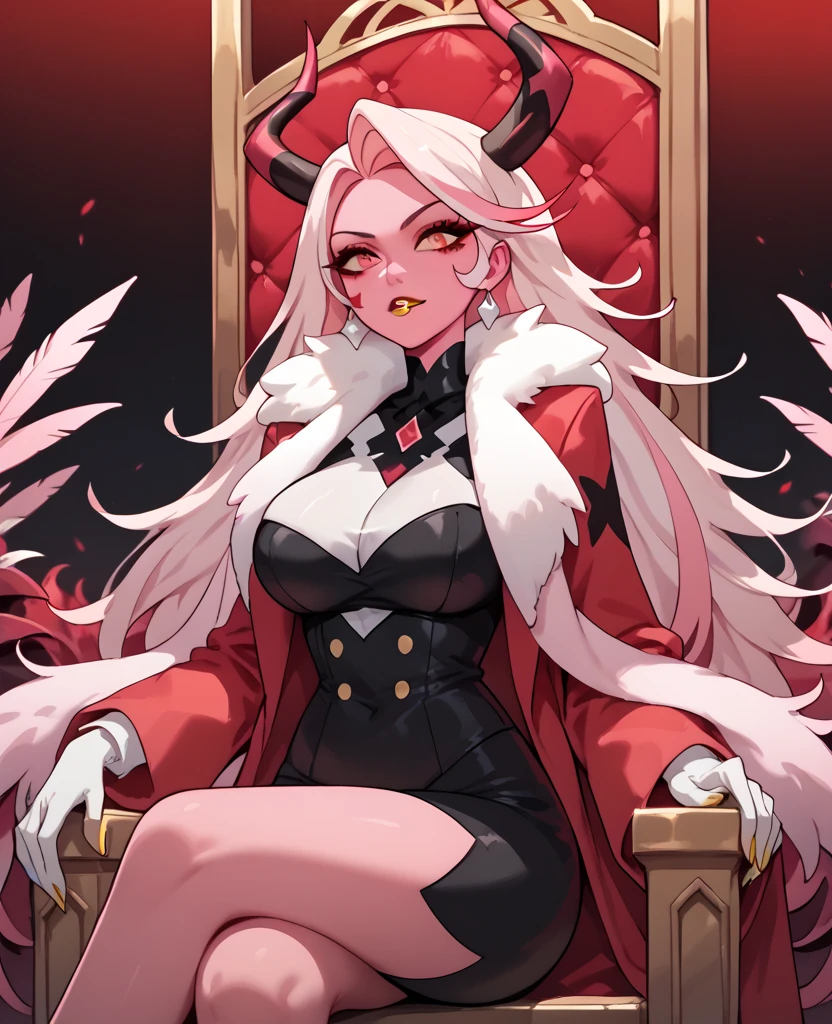 woman, big breasts, yellow lipstick, white hair, light pink hair, multicolored hair, long hair, horns, red eyes, pink skin, fusion, anime style, red suit, sitting on a throne, pink feather scarf, hell, solo, Charlie 