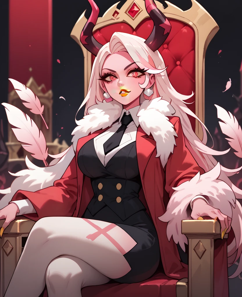 woman, big breasts, yellow lipstick, white hair, light pink hair, multicolored hair, long hair, horns, red eyes, pink skin, fusion, anime style, red suit, sitting on a throne, pink feather scarf, hell, solo, Charlie 