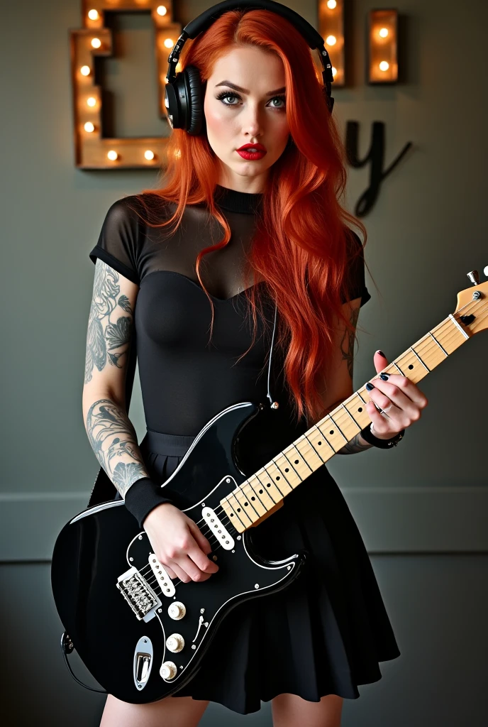 A solo redhead woman, with blue eyes and long hair styled on one side up, is captured in a photo flirting to the camera while holding an electric guitar, wearing a black skirt and pleated skirt, while wearing headphones and showcasing her mesmerizing red lips., with only sexy written on a back wall , detailed outfit,full dressed 