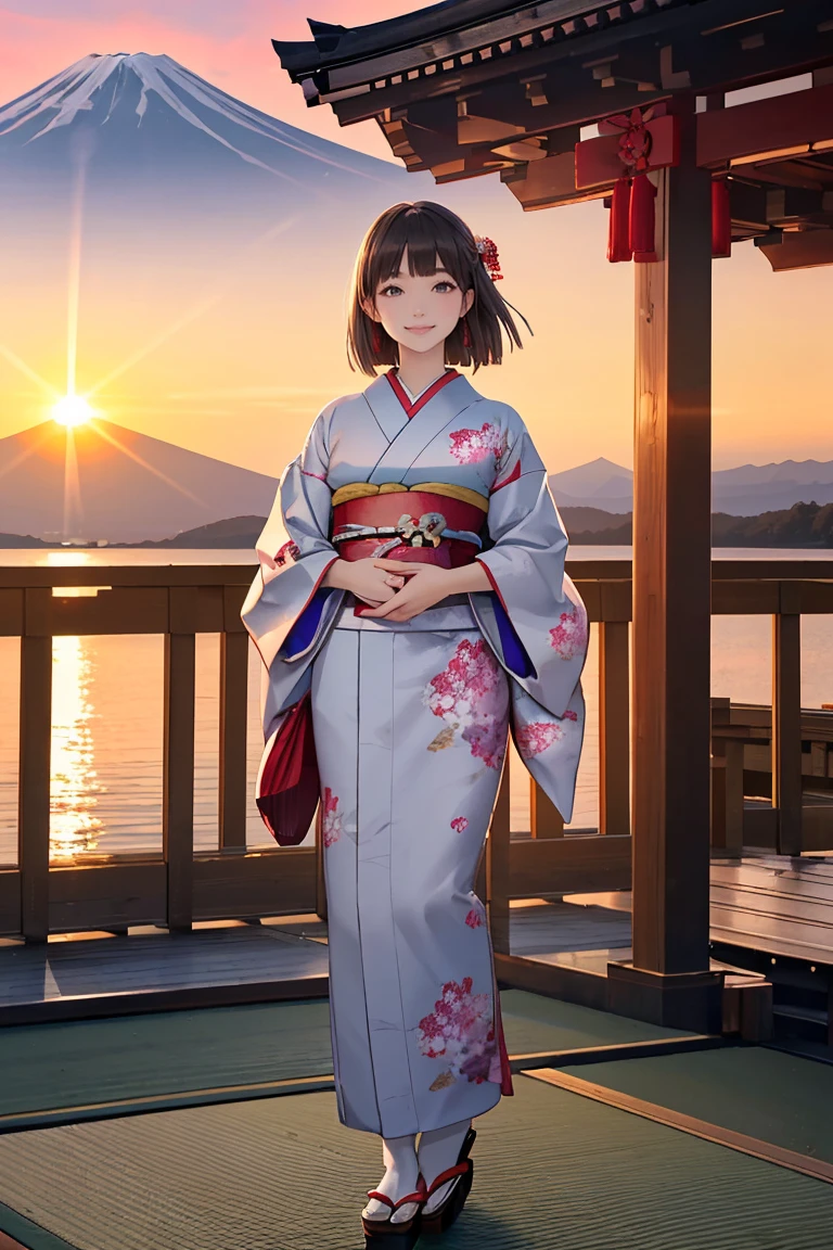 masterpiece,best quality,ultra-detailed,photo-realistic,soft lighting,full body,(ultra-detailed gorgeous_kimono:1.2),Japanese-styles hair,Three girls frontal body,holding big Eggplant in hand,happy smile,text as "2025" on background,front view,SFW
BREAK
(in front mt.Fuji,beautiful sunrise,flying hawk:1.2)shrine gate in lake,lake_side