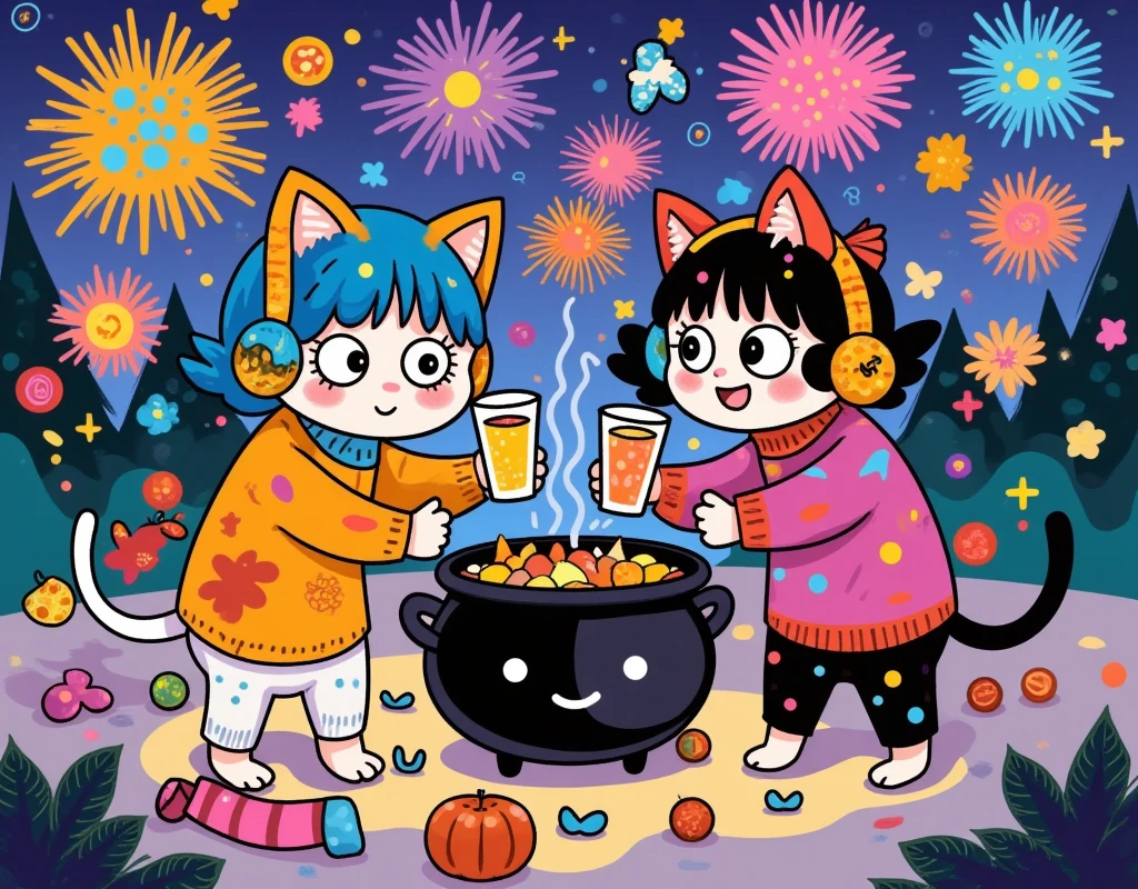 (masterpiece:1.3, top quality :1.3, detailed depiction :1.3, Amazing high definition :1.3, High Quality Anime Paintings ), Cats walking on two legs ,  are wearing fluffy sweaters,  wearing earmuffs ,  Drinking alcohol and toasting ,  Surrounding a large pot ,  Cat getting drunk ,  Cat lying down , Dancing Cat,  Fun Vibes , Great fun,  Fireworks are rising in the night sky