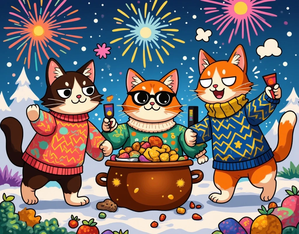 (masterpiece:1.3, top quality :1.3, detailed depiction :1.3, Amazing high definition :1.3, High Quality Anime Paintings ), Cats walking on two legs ,  are wearing fluffy sweaters,  wearing earmuffs ,  Drinking alcohol and toasting ,  Surrounding a large pot ,  Cat getting drunk ,  Cat lying down , Dancing Cat,  Fun Vibes , Great fun,  Fireworks are rising in the night sky