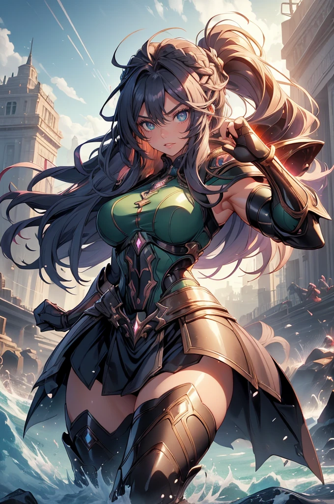 Absurdres, Masterpiece, anime, high quality, HD, best quality, perferct anatomy, simole background, cowboy shot, alone, front view
{{35 years old wrestle woman: (black medium-lenth straight hair tied on short twintails, 3 black hair forehead fringes, blue eyes with black pupils, fair skin, sharp nose, thick black eyebrows),(blue twintails ribbons), green thick bra, green neckbelt, white shoulder plates, green short skirt, green metal gauntlets, green steel elbow plates, green long boots, blue leggins),(calmed expression, funny open smile, wise and motherly demeanor, ready to fight on a wrestling deffensive combat pose),(dark orange sky, night day with dark orange sky, blue moon in the sky, illumination during night sky, black stone ruins, rocks and crystal spikes all around)}}