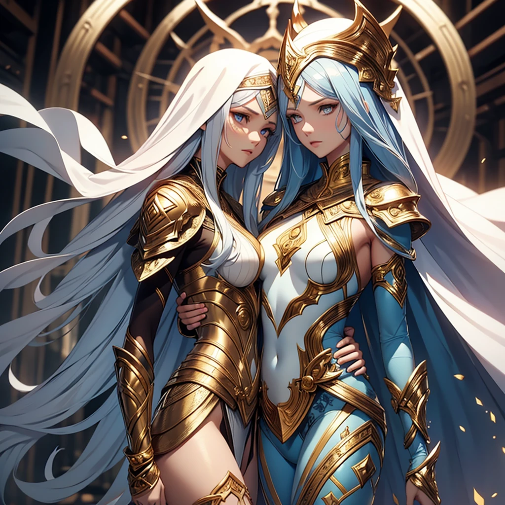 arafed image of a twin womans with a star ball in her hands, alphonse mucha and rossdraws, mucha style 4k, artgerm mucha, korean art nouveau anime, portrait knights of zodiac girl, goddess. extremely high detail, anime fantasy illustration, detailed digital anime art, gorgeous goddess of leo, anime art nouveau, talor liner, stick liner, clear line. perfect post leg and shose. backgourd no face. red gold outfit