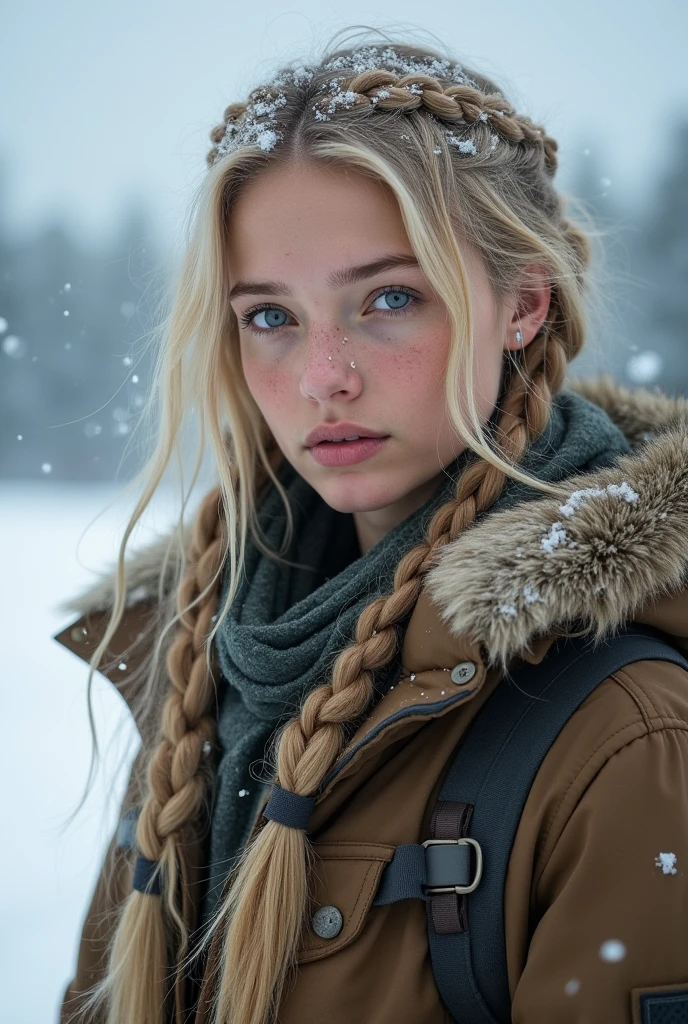 A pretty female prepper , with blue eyes, Did blonde hair lay , which are braided into a braid. she is wearing winter clothes in the snow .