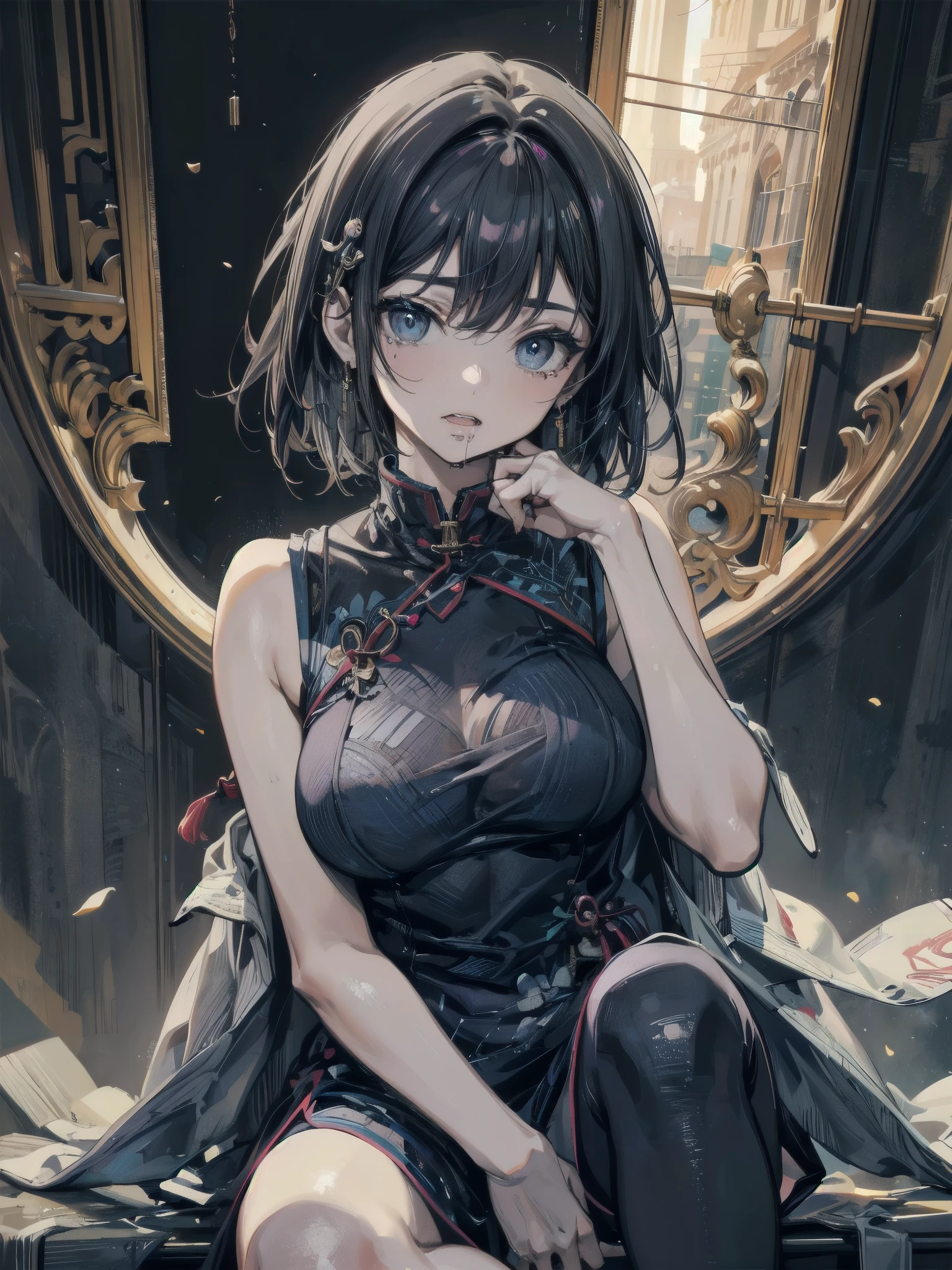absurdres, RAW photo, extremely delicate and beautiful, masterpiece, Best Quality, ultra high resolution, 32k, hyperrealistic, ultra-detailed, in her 20s, delicate facial features, tearful mole, earring, medium breasts, full body shot, shorter middle hair, black hair, jiangshi, 