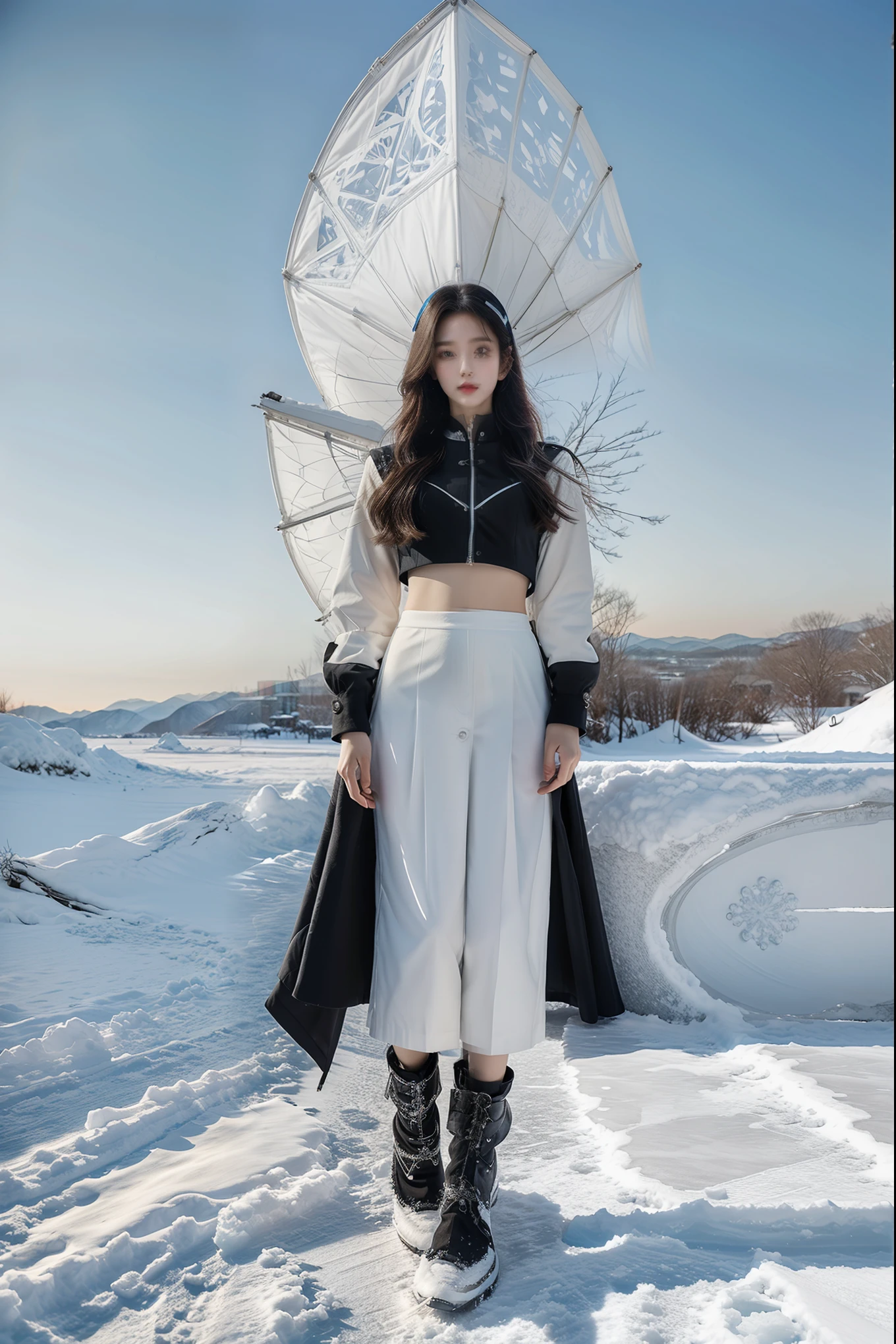 1girl, cute, ice and snow world, solo, skinny, wind, mecha outfit, full body, beautiful face, decorated with complex patterns and exquisite lines,