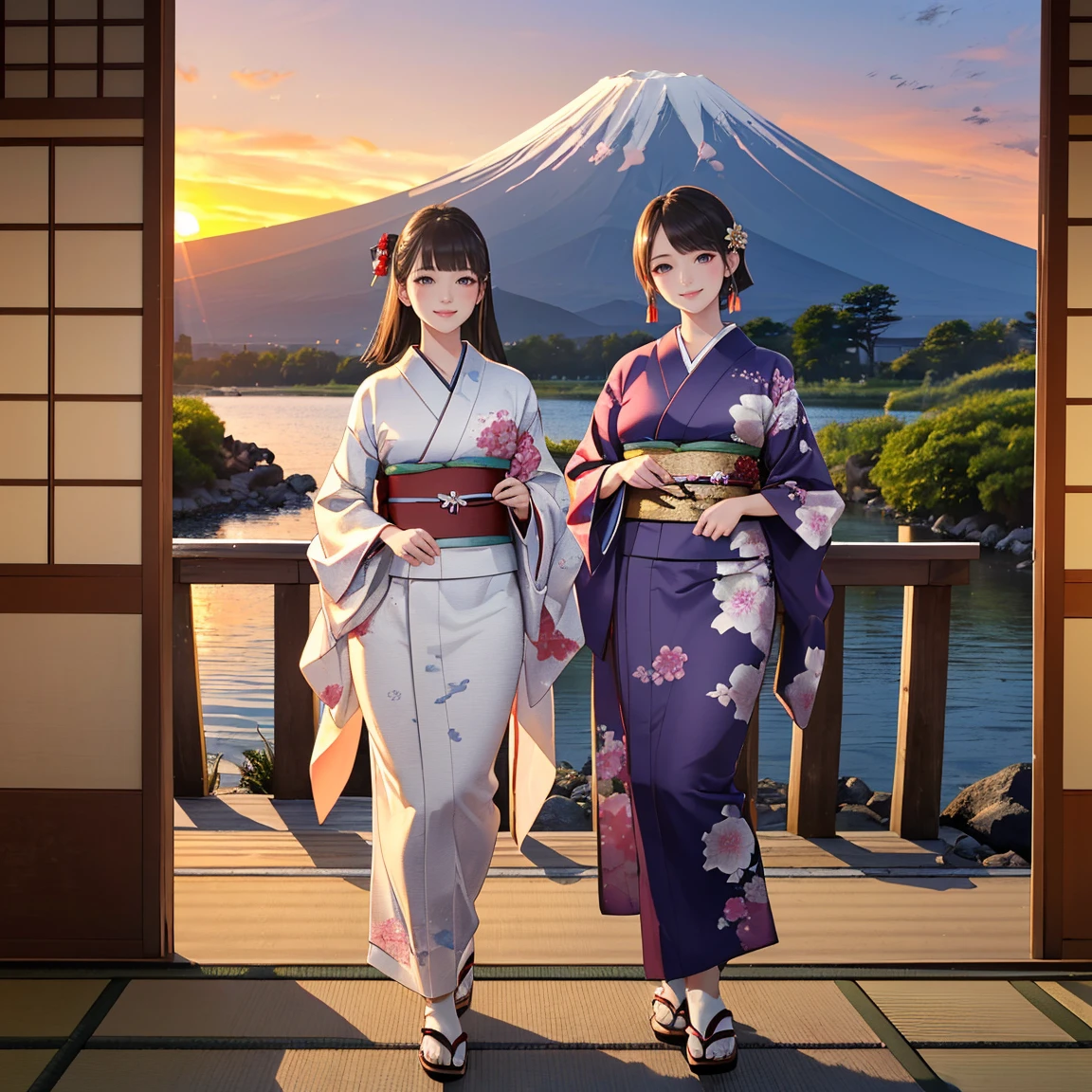 masterpiece,best quality,ultra-detailed,photo-realistic,soft lighting,full body,(ultra-detailed gorgeous and Glittering kimono:1.2),Japanese-styles hair,(Three girls frontal body),curvy body,Eggplant in hand,happy smile,text as "2025" on background,front view,SFW
BREAK
outdoor,(in front mt.Fuji,beautiful sunrise,flying hawk:1.2),shrine gate in lake,lake_side