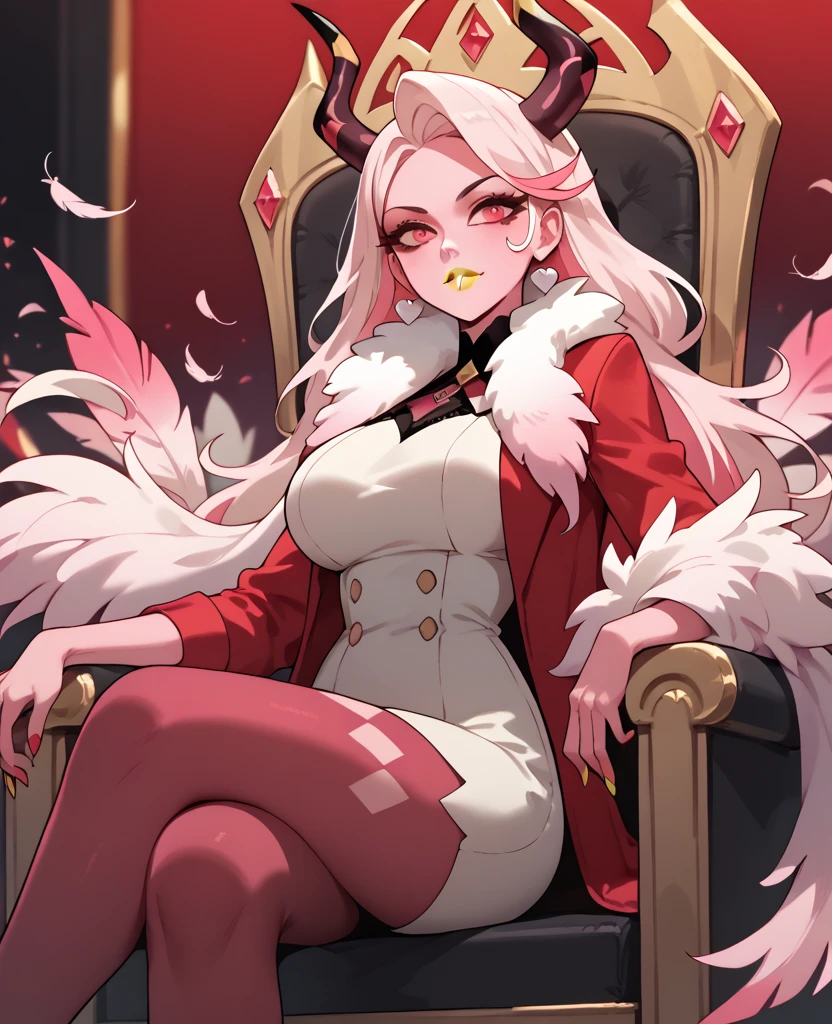 woman, big breasts, yellow lipstick, white hair, light pink hair, multicolored hair, long hair, horns, red eyes, pink skin, fusion, anime style, red suit, sitting on a throne, pink feather scarf, hell, solo, Charlie 