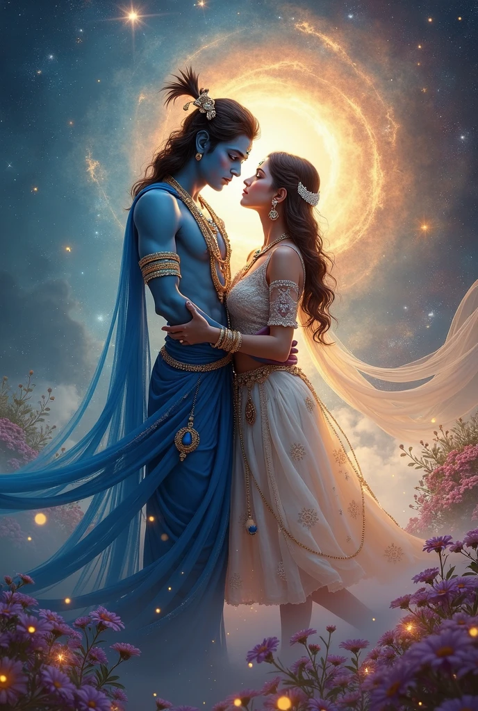 Radha Krishna together wearing blue mesmerizing outfit under crescent moon Radha hair cascading over her back Shri Krishna holding flute ha peacock feather crown having dimond Shri Krishna having lean muscular body and both having doe korean eye don't make them wear gold jewellery instead minimal pearl accessories and show them full