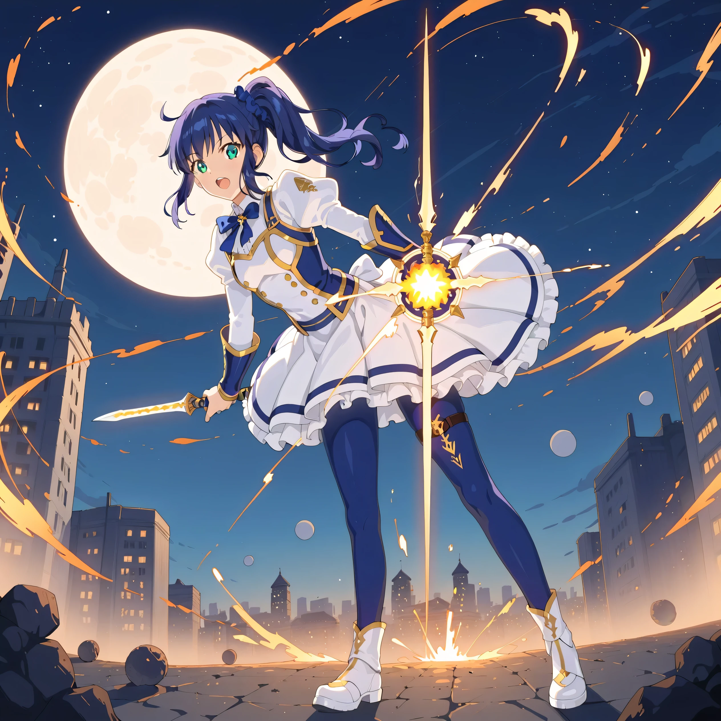 Kiriya Aoi (Aikatsu!)) blue hair, side ponytail, open mouth,,(8K, best quality, muste piece:1.2)、ultra high resolution,1 very cute girl,ultra-detailed face, detailed eyes,,masterpiece, best quality,1girl, , Full body shot, weapon, chain, very long hair, looking at viewer,(kbxll:0.5), Japanese Shrines, fantasy, bodysuit,city, energy ball, razer, lightning bolt, skirt, zettai ryouiki, Petrifying Demon Eye, dust-effect,Grain effect,Neon-light-effect, moon,tentacles,
artoria pendragon \(fate\), armor, dress, suit, excalibur \(fate/stay night\),
fighting stance, dinamic angle, sparks,shirt lift,battle,A grand city in the year 2100, wide shot, hyper realistic, Nausicaa Ghibl,