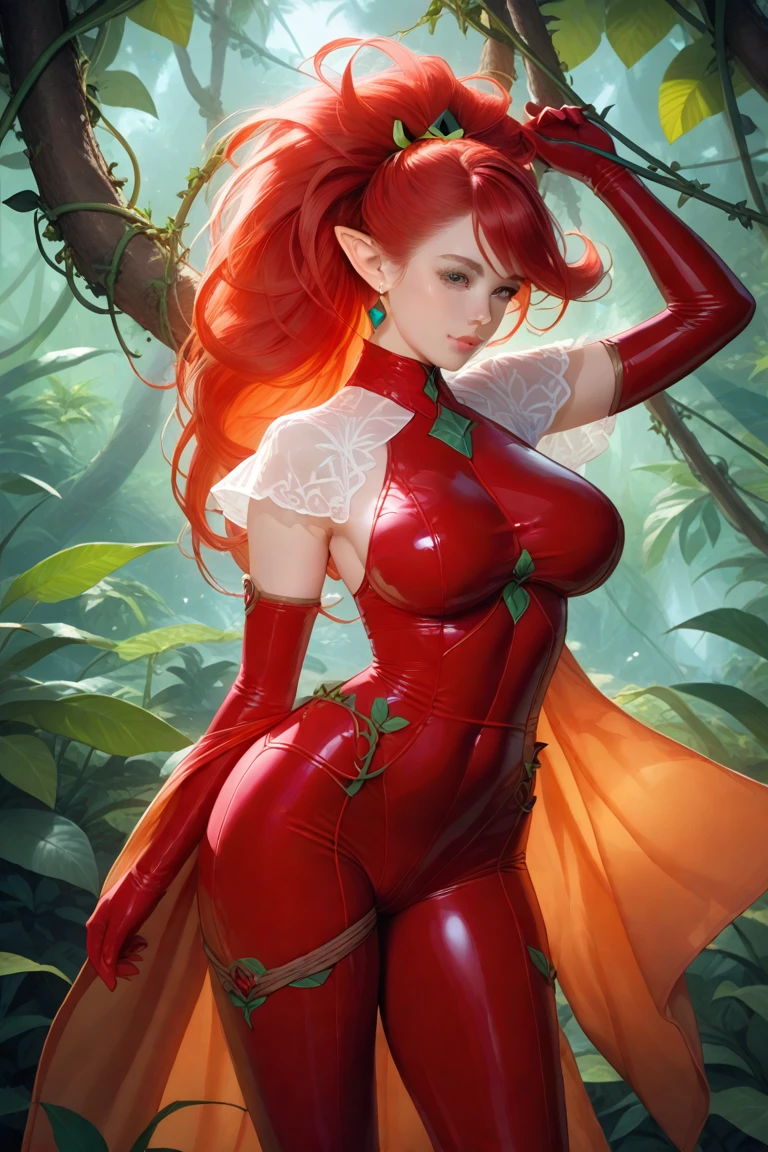 Stunning (((woman))), ((red strawberry body paint woman)), red skin, (sexy), hot, best quality, ultra high res, (photorealistic:1.4), ((thick thighs, wide hips)), (forest background, magical forest)
