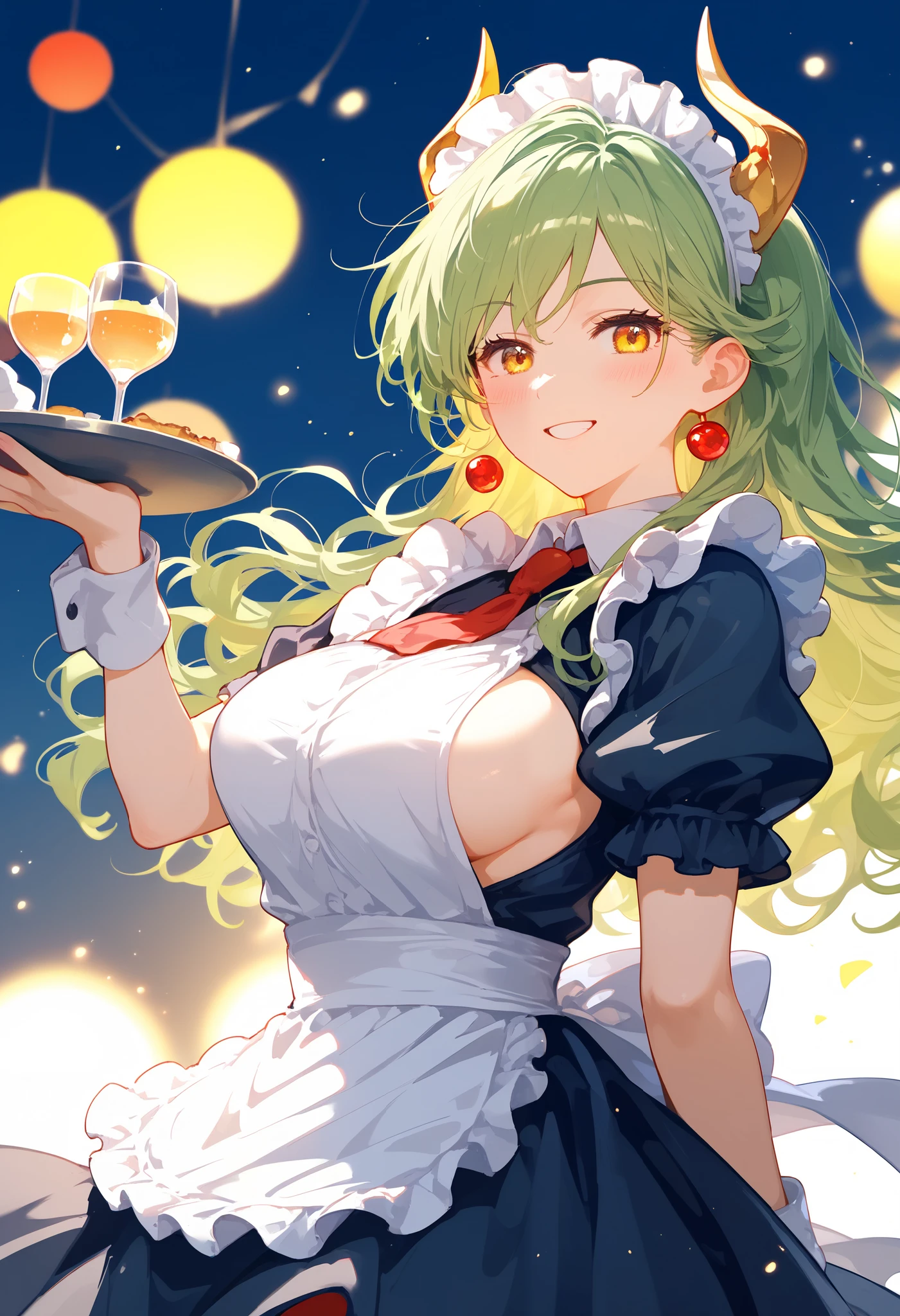 score_9, score_8_up, score_7_up, score_6_up, ((waifu illustration)), inzaniak
sideboob, from side 1girl, solo, breasts, looking at viewer, blush, smile, Masterpiece, high-detail, anime-inspired illustration, vibrant colors, dynamic pose, maid outfit with frilly apron, dragon-themed details, golden horns, wavy green hair, expressive amber eyes, holding a tray with desserts, energetic and cheerful expression, soft lighting, intricate shading, detailed textures, high-quality illustration, magazine-style anime art, highly detailed background or clean white focus, professional composition, unreal engine rendering for sharpness and vibrant tones