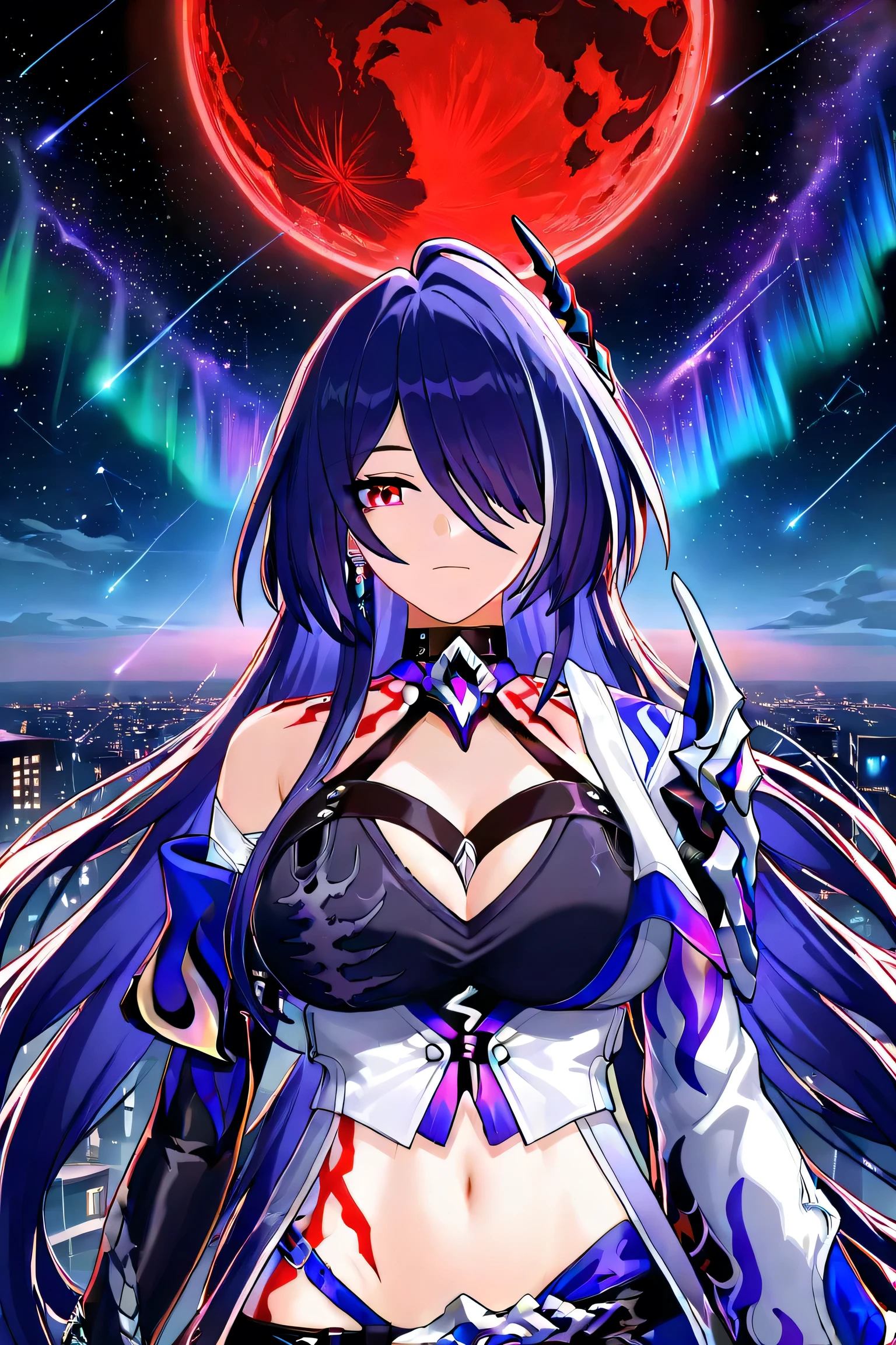 ((masterpiece)),((best quality)),highres,extremely detailed CG,perfect lighting,8k wallpaper,
acheron \(red type\) \(honkai: star rail\), aurora, bangs, breasts, city lights, constellation, crescent moon, earth \(planet\), full moon, galaxy, gloves, hair over one eye, light particles, long hair, looking at viewer, midriff, milky way, moon, moonlight, navel, night, night sky, planet, red eyes, red moon, shooting star, sky, solo, space, star \(sky\), starry background, starry sky, starry sky print, tattoo, very long hair