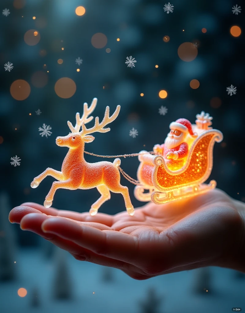 A sleigh pulled by Santa's reindeer, made of transparent candy, flies in the sky on the palm of a giant figure,,The gift is glowing ,,Microscopic Photography ,Christmas atmosphere,Transparent texture,Clear syrup ，snowflake, ( Christmas atmosphere :1.5)， Ultra HD, masterpiece ,  height details,  high quality ,  best quality, HD Symbol 