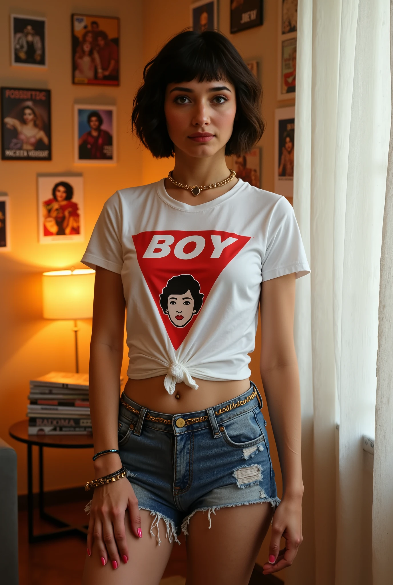 Generate a photorealistic image of Tamannaah, a young woman with short dark hair in a bob cut with bangs, featuring bright heart-shaped pink eyes. She wears a white T-shirt with a bold red triangular logo saying 'BOY' and an illustration of a person's face in the center. The shirt is knotted at the waist, creating a cropped look that highlights her midriff. She pairs it with high-waisted, distressed denim shorts, accented with a gold chain belt and frayed hems. She adorns star-shaped earrings, a choker with a heart-shaped pendant, and multiple bracelets on her wrist. Her nails are painted red. Standing with a relaxed yet confident posture, hands casually resting by her sides, exuding a sense of youthfulness and individuality. Capture a half-body shot from a side view, focusing on her profile and the details of her outfit and accessories. She is leaning casually against a wall, with one hand in her pocket and the other resting on her hip, adding a touch of nonchalance to her pose. The scene is set in a cozy, dimly lit room adorned with various posters and photographs on the walls, creating a personalized and intimate atmosphere. Soft, warm light filters through a lightweight white curtain in the background, casting a gentle glow over the room. The walls are painted a soft beige, with posters of various musicians and artists, giving the room a personal touch. In the background, a small coffee table with a stack of magazines and a lamp adds to the lived-in feel of the room. The floor is covered with a plush rug, adding to the comfortable feel of the space. Warm lighting highlights her features, with a soft backlight effect from the curtain, adding depth and dimension to the image. The color palette includes crisp white, vibrant red, blue denim, and gold accents, enhanced by the warm golden hue from the lighting. Create a sharp, high-resolution image with pixel-perfect skin texture, capturing the details of her features and outfit in a lifelike manner. Use 'tamanna' as 