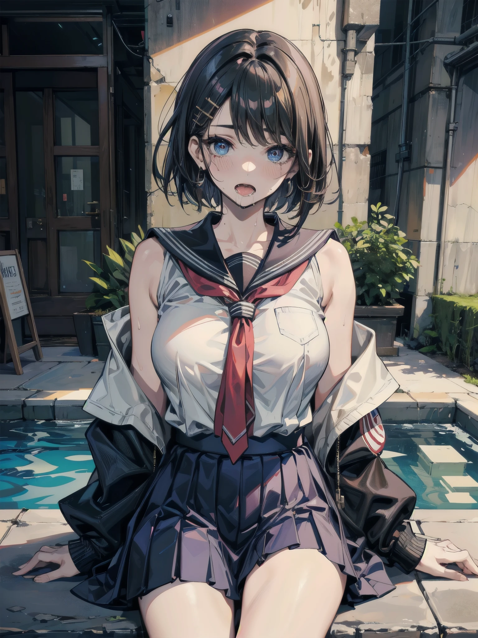 Black Hair、black eye、girl、Small breasts、short hair、girl、Medium sized breasts、Lolita、Embarrassed look、Looks about 18 years old、目のhighlight、Sexy thighs、Sailor suit upper body、white and gray horizontal striped bikini panties、Your eyes are so beautiful、highlight、crouch on the ground、Open leg pose、Spread your legs、on the road、intersection
