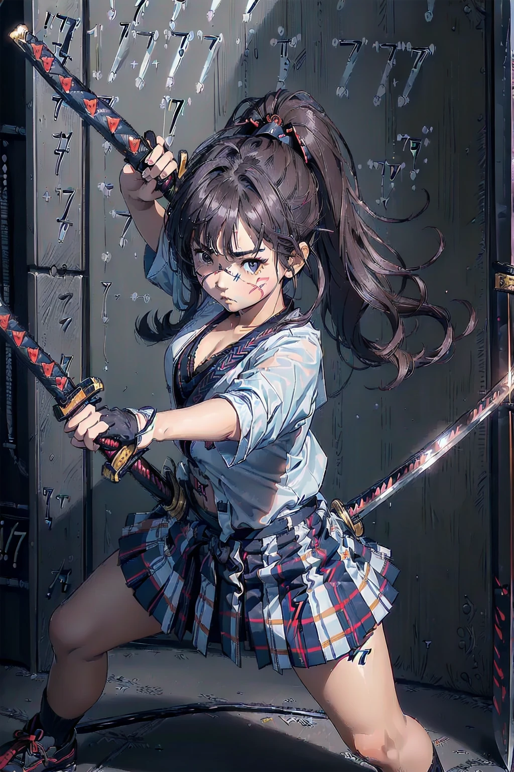 masterpiece, best quality, highres, ichinose shiki, idolmaster, long hair, two side up, hair bow, ahoge, medium breasts, earrings, without background, ((Please draw a single Japanese samurai girl prepares for battle, in a fighting stance, in a low stance wielding a katana:1.3)), ((1girl)), (Solo, face,17-year-old:2.0), a high school student. Full limbs, complete fingers, ((perfect fingers)), ((perfect hands)), medium butt, groin, perfect eyes, one american blazer uniform girl ((white blouse with formal collar, navy blue blazer, blue plaid skirt)), ((blue plaid skirt)), ((tartan, check plaid texture skirt)), ((red plaid bow on the blouse)) (Detailed Lighting), ((full body view)), ((standing)), ((legs)), uwabaki shoes, beautiful single girl (one girl), full body shot, front body, pretty eyelashes, make up, electric eyes, ((black socks)), ((black school shoes)), ((wielding a katana:1.4)), ((full size katana))