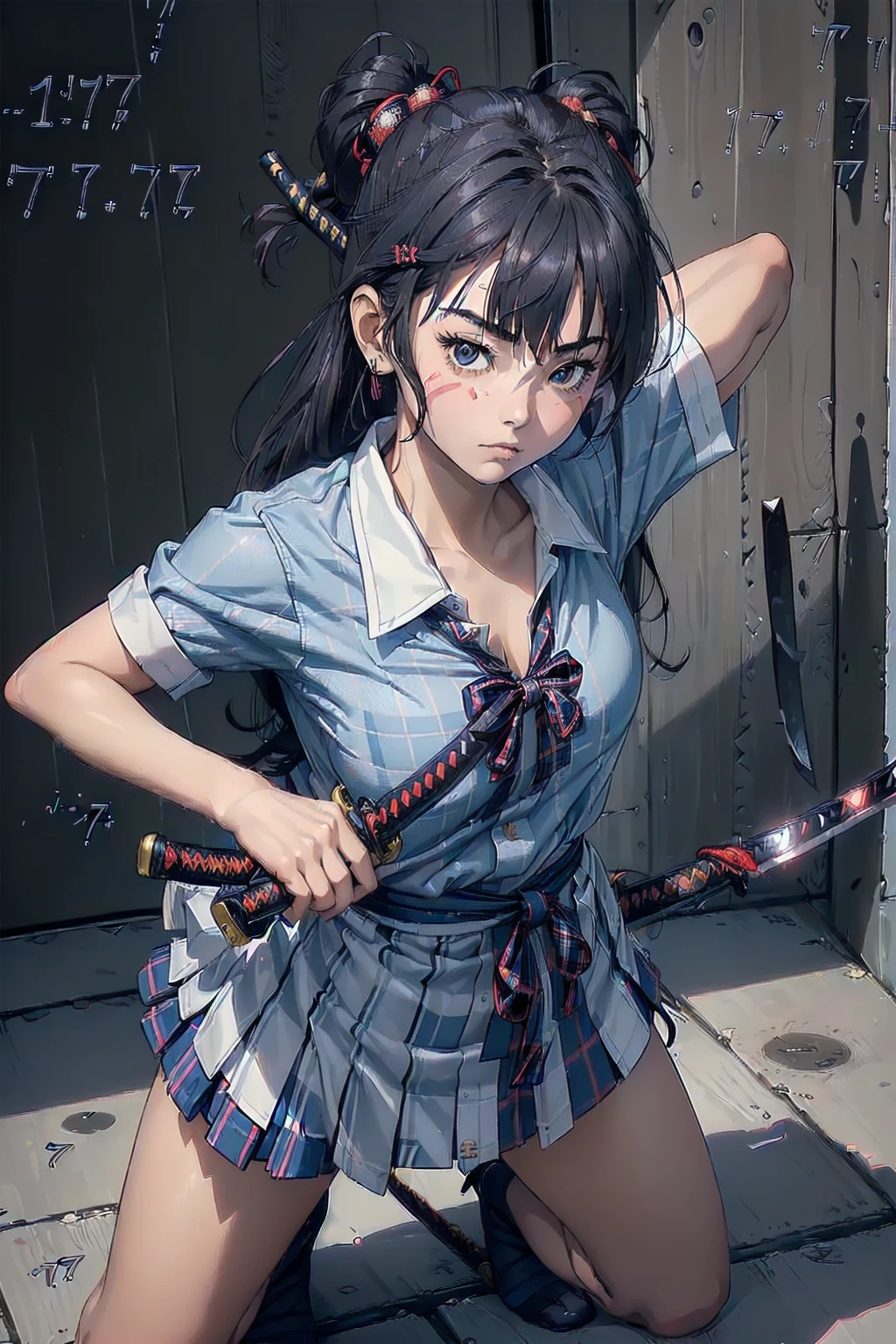 masterpiece, best quality, highres, ichinose shiki, idolmaster, long hair, two side up, hair bow, ahoge, medium breasts, earrings, without background, ((Please draw a single Japanese samurai girl prepares for battle, in a fighting stance, in a low stance wielding a katana:1.3)), ((1girl)), (Solo, face,17-year-old:2.0), a high school student. Full limbs, complete fingers, ((perfect fingers)), ((perfect hands)), medium butt, groin, perfect eyes, one american blazer uniform girl ((white blouse with formal collar, navy blue blazer, blue plaid skirt)), ((blue plaid skirt)), ((tartan, check plaid texture skirt)), ((red plaid bow on the blouse)) (Detailed Lighting), ((full body view)), ((standing)), ((legs)), uwabaki shoes, beautiful single girl (one girl), full body shot, front body, pretty eyelashes, make up, electric eyes, ((black socks)), ((black school shoes)), ((wielding a katana:1.4)), ((full size katana))