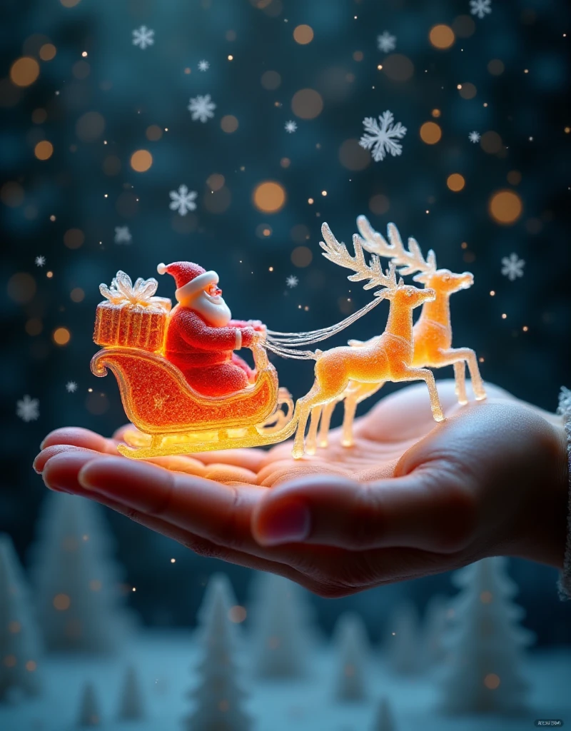 A sleigh pulled by Santa's reindeer, made of transparent candy, flies in the sky on the palm of a giant figure,,The gift is glowing ,,Microscopic Photography ,Christmas atmosphere,Transparent texture,Clear syrup ，snowflake, ( Christmas atmosphere :1.5)， Ultra HD, masterpiece ,  height details,  high quality ,  best quality, HD Symbol 