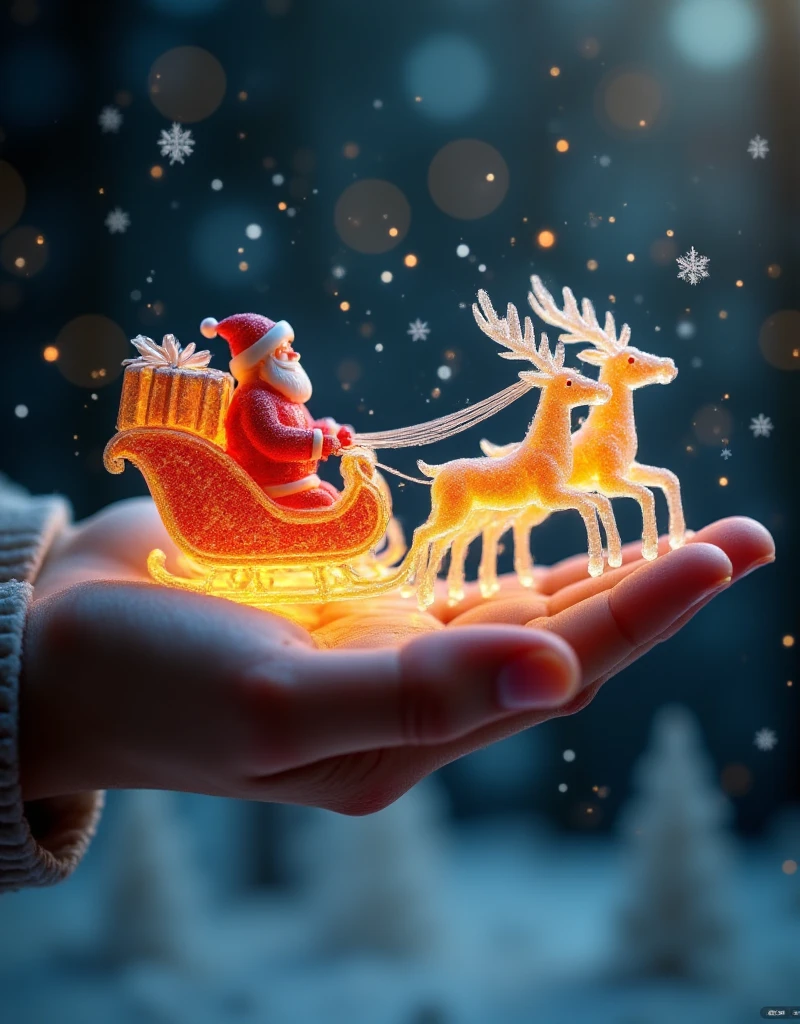 A sleigh pulled by Santa's reindeer, made of transparent candy, flies in the sky on the palm of a giant figure,,The gift is glowing ,,Microscopic Photography ,Christmas atmosphere,Transparent texture,Clear syrup ，snowflake, ( Christmas atmosphere :1.5)， Ultra HD, masterpiece ,  height details,  high quality ,  best quality, HD Symbol 