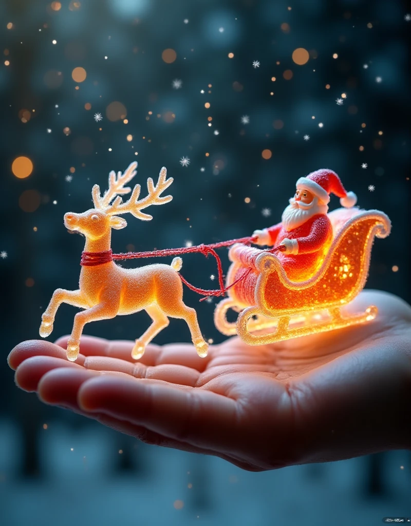 A sleigh pulled by Santa's reindeer, made of transparent candy, flies in the sky on the palm of a giant figure,,The gift is glowing ,,Microscopic Photography ,Christmas atmosphere,Transparent texture,Clear syrup ，snowflake, ( Christmas atmosphere :1.5)， Ultra HD, masterpiece ,  height details,  high quality ,  best quality, HD Symbol 